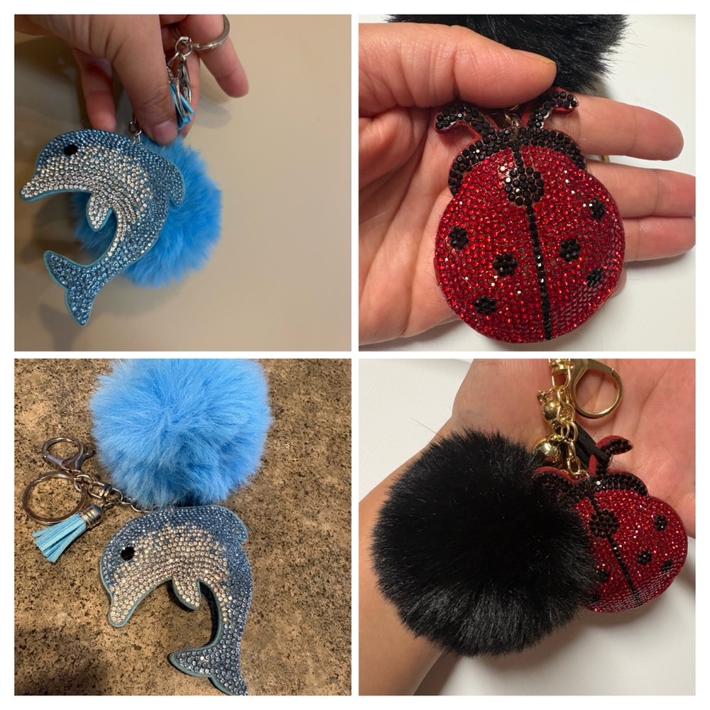 Dolphin and Ladybug Keychain Set with Pom Poms